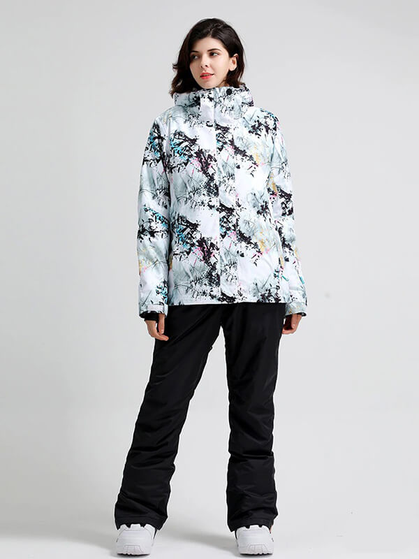 Fashion women's snowboarding jacket with hood, breathable and waterproof for skiing, featuring a stylish design and female silhouette.